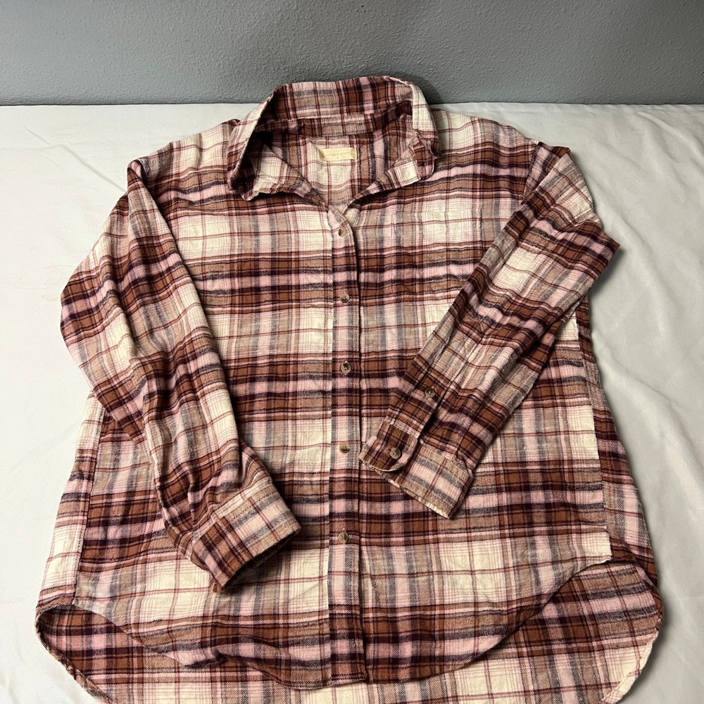Altar'd State Sm Brown Mauve Plaid Flannel Button Down Shirt Lumberjack Rugged